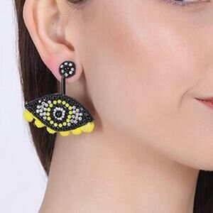 Black Yellow Beaded PomPom Drop Evil Eye Earrings Handmade Hypoallergenic